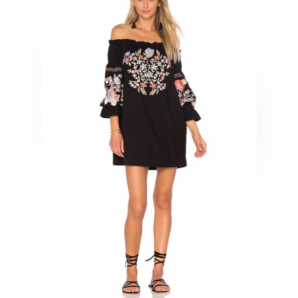 Free People Dresses & Skirts - Free People Fleur Du Jour Embroidered Off Shoulder Dress Black Boho NWOT Size L